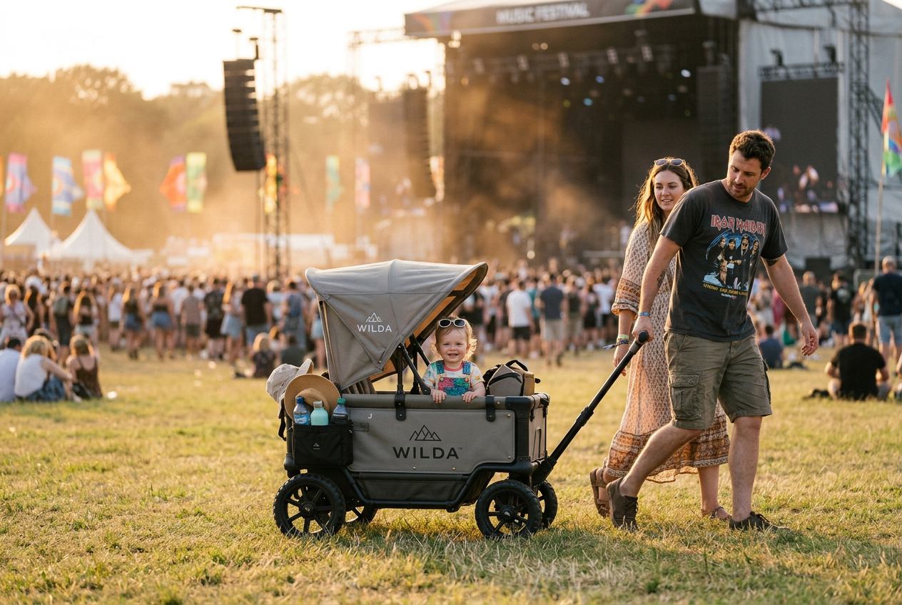 Concept render of a smiling toddler inside the Wilda adventure cart at a festival at golden hour, soft fairy lights glowing on the canopy.