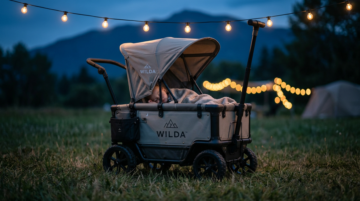 Concept render of the Wilda cart wrapped in warm fairy lights, parked on a hillside at dusk overlooking distant mountains.