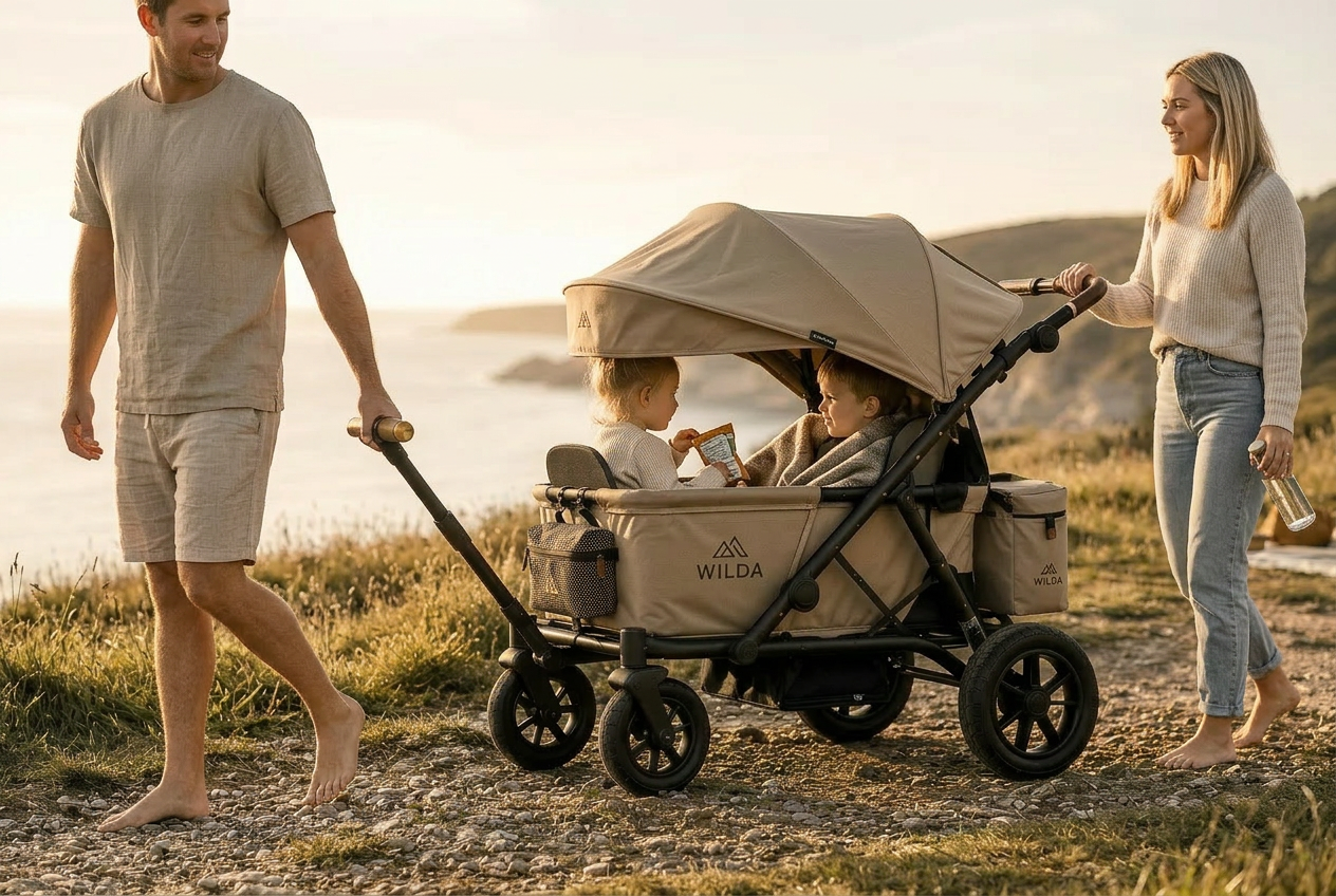 Family with Wilda wagon on a coastal path